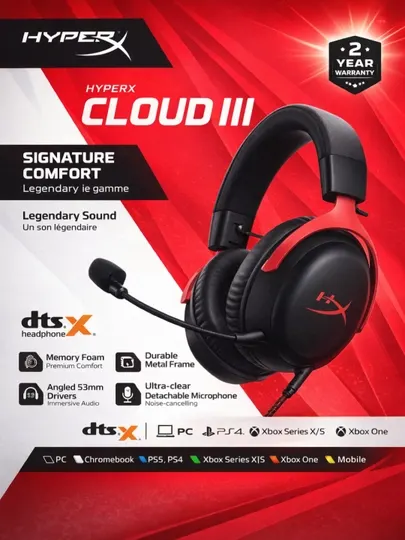 Игровые, проводные наушники HyperX Cloud III, гарнитура игровая 727A9AA