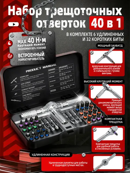 FOGERA Набор трещоточных отверток 40 в 1 Беззубчатая Магнитный S2