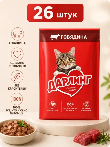 Влажный корм для кошек Darling "Говядина" в подливе, 75 г - 26 штук