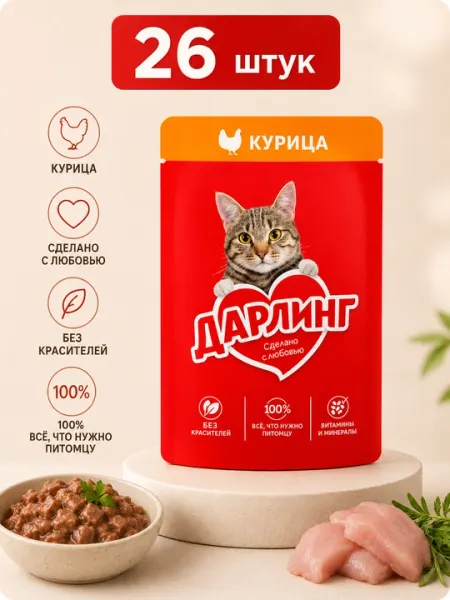 Влажный корм для кошек Darling "Курица" в подливе, 75 г - 26 штук