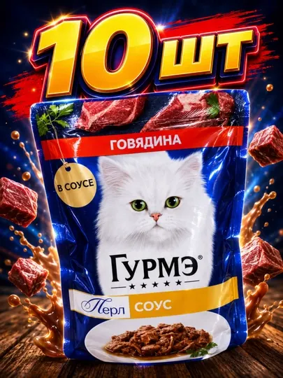 Влажный корм для взрослых кошек Gourmet в соусе с говядиной, 75 грамм, 10 штук
