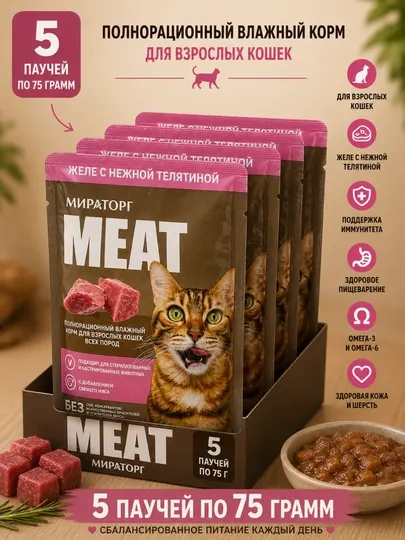 Влажный корм для кошек Мираторг Meat желе с телятиной 75 грамм, 5 штук