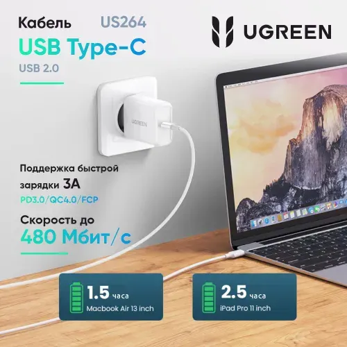 Кабель UGREEN US264 (60520) USB-C 2.0 Male To USB-C 2.0 Male 3A Data Cable. Длина: 2м. Цвет: белый