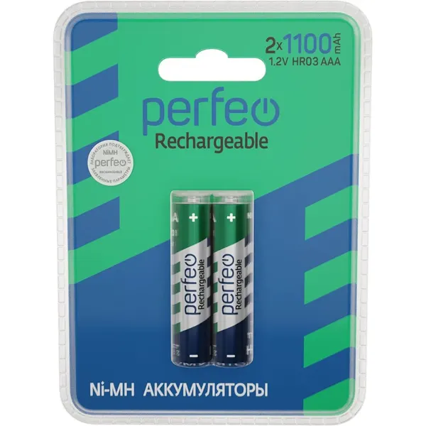 Батарейки аккумуляторные AAA Perfeo Ni-Mh HR03, 1100mAh на пластиковом блистере, 2шт, 1.2V