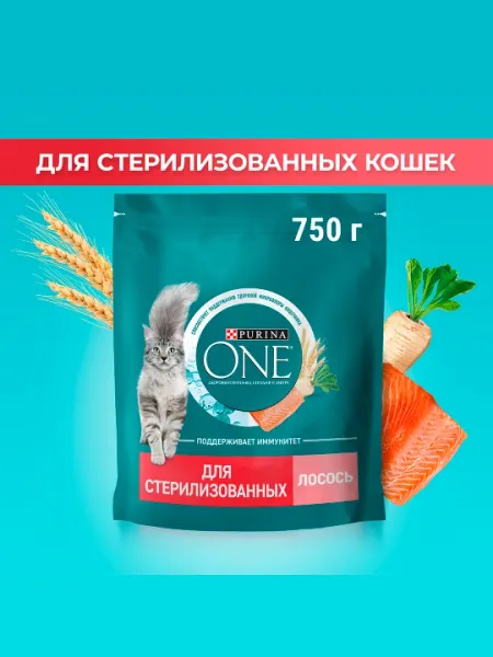 Сухой корм для взрослых кошек PURINA ONE, с лососем, 750 г