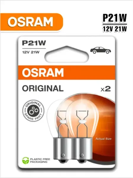 Лампа автомобильная 2 шт OSRAM ORIGINAL METAL BASE P21W (7506-2BL)