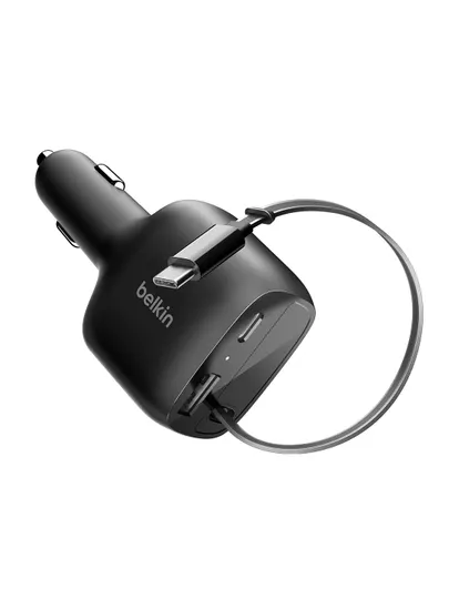 Автомобильное зарядное устройство Belkin 75W, Type C и USB A порты, выдвижной кабель