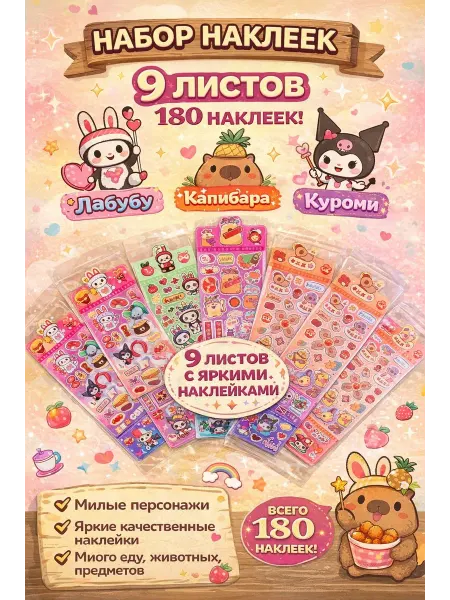 Стикеры набор Лабубу Капибара Куроми 180 штук