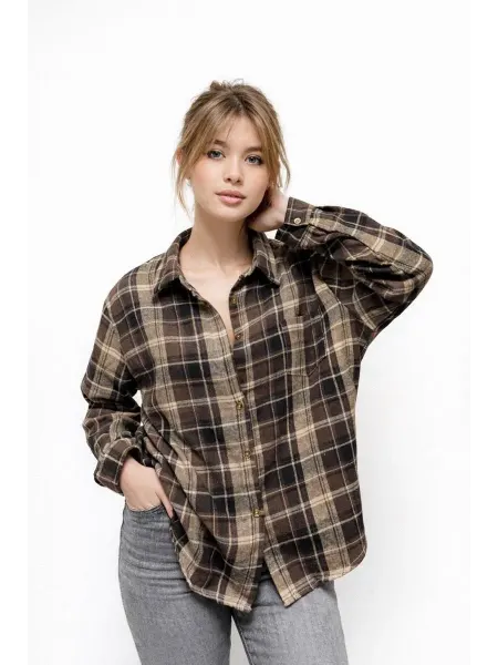 H&H Fashion Рубашка женская в клетку оверсайз летняя и осенняя