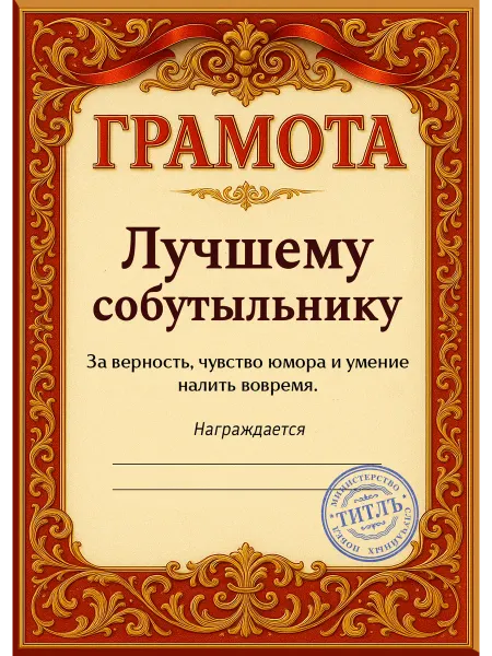 ТИТЛЪ Диплом юмористический для друга и коллеги-собутыльника