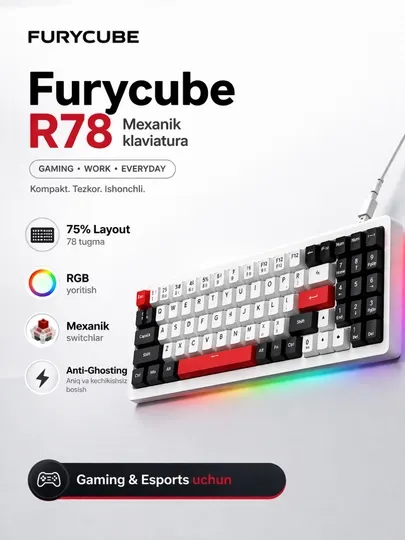 Furycube R78 механическая игровая клавиатура, 78 клавиш, RGB подсветка, проводная