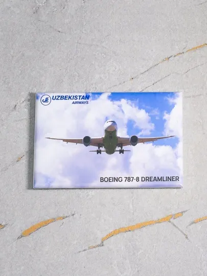 Фото магнит (авиасувенир), фото Boeing 787 Dreamliner Uzbekistan Airways, размер 8x5 см