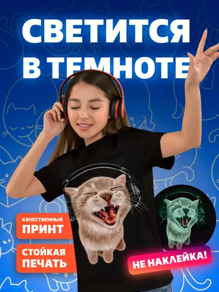 ДИНАМИКА ЦВЕТА Футболка с котиком в наушниках мем