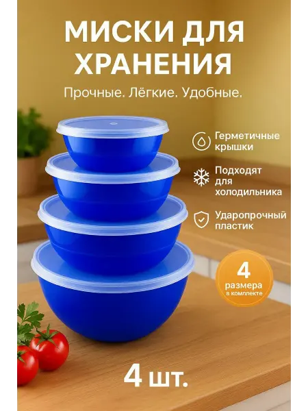 Бине8 Миски пластиковые с крышками набор 4шт