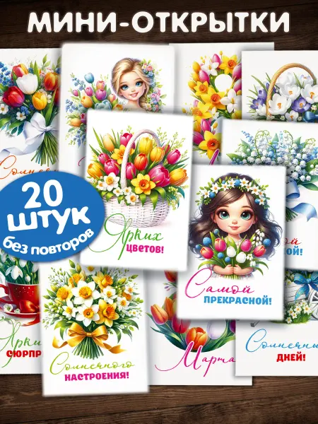 Мир открыток Мини открытки 8 марта с пожеланиями Весна 20 шт