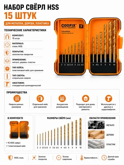 COOFIX, набор сверл по металлу, 15 штук