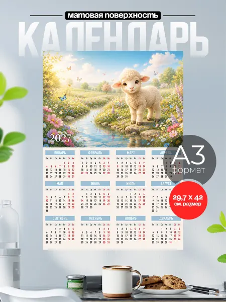 Розовый Гусь Календарь 2027 настенный А3 Овца символ года 2027 плакат