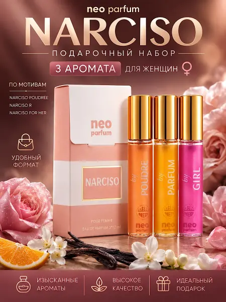 Neo Parfum Духи женские 3шт по 12мл набор подарок Ниша Нарцисо Родригес
