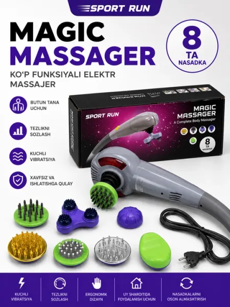 Электрический ручной массажер Magic Massager, с 8 насадками для массажа всего тела