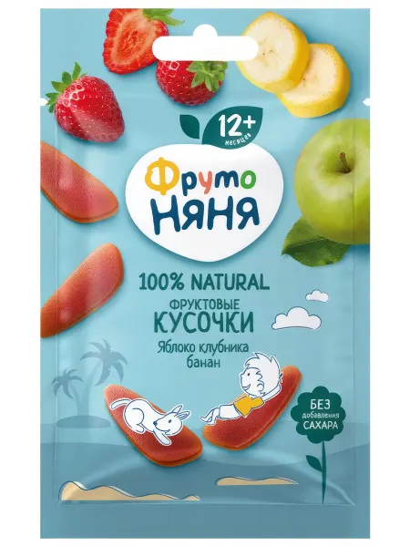 ФрутоНяня Фруктовые кусочки из яблока, бананов и клубники, 15г