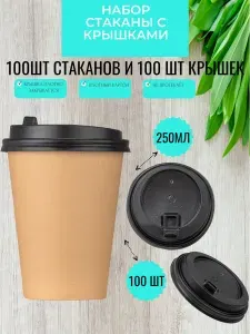 Бумажный стакан 250мл с крышкой 80мм для горячих и холодных напитков 100 штук