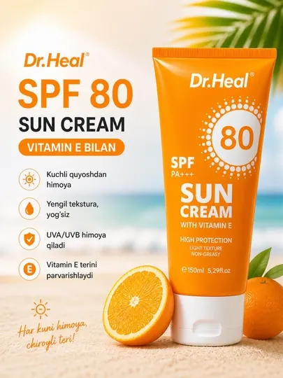 Солнцезащитный крем Dr.Heal Sun Cream SPF 80 PA++ с витамином E и кокосовым маслом, 150 мл