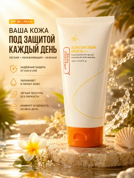 Солнцезащитный крем Sun Cream SPF 80 PA+++, витамин E, кокосовое масло, 150 мл