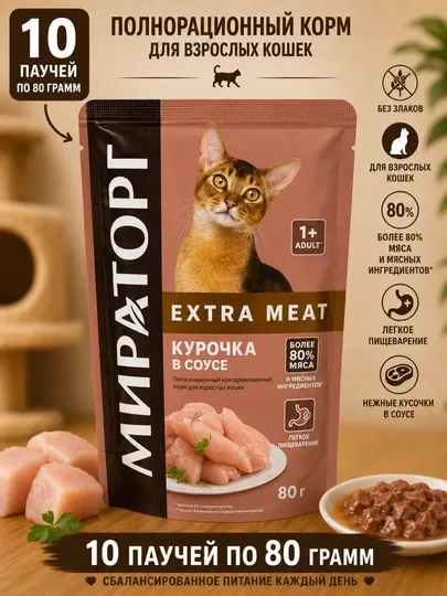 Влажный корм для стерилизованных Мираторг Extra Meat курочка в соусе 80 грамм (10 штук)