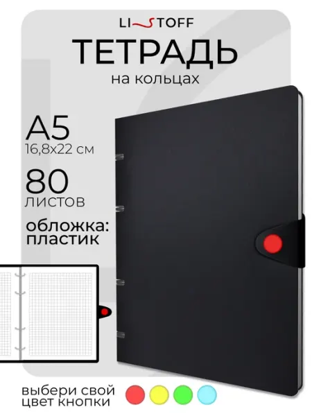 LISTOFF Блочная тетрадь на кольцах А5 80 листов в клетку пластик