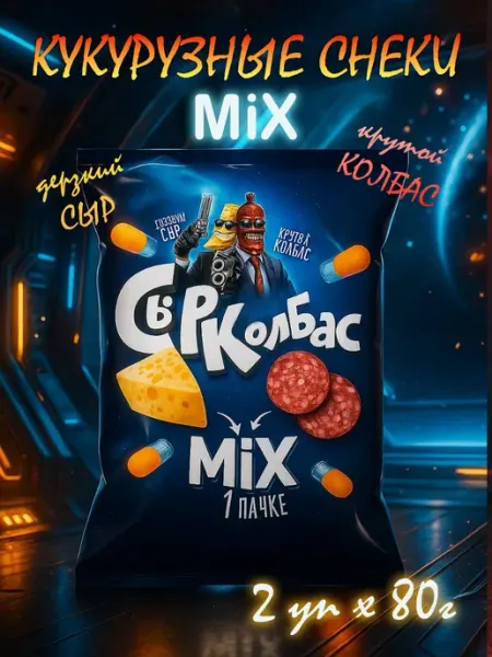 Сырколбас Кукурузные снеки MIX со вкусом сыра и колбасы, 80г, 4шт