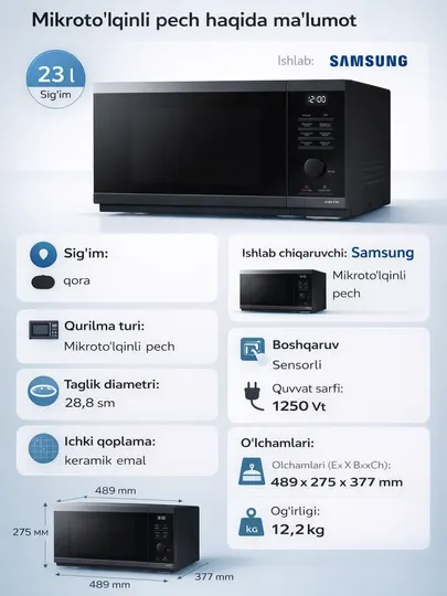 Микроволновая печь Samsung MS23DG4504AG, Мощность: 800 Вт, 23 л