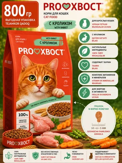 Корм сухой для кошек ProХвост, кролик, 800 г