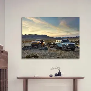Картина на стену BMW, автомобильный пейзаж с внедорожниками/пикапами Ford на дороге, 80х110 см, в кабинет