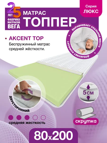 VEGARUS Топпер 80х200, матрас на диван, на кушетку, на кровать