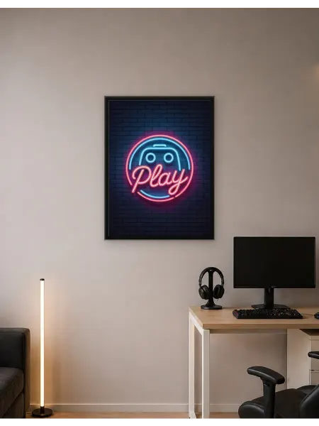 Postersbase Плакат Неоновая кнопка воспроизведения с игровым контр 30x40