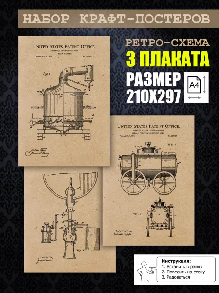 Нет бренда Постер ретро патенты Пивоварение, А4 (21х29) 3 шт