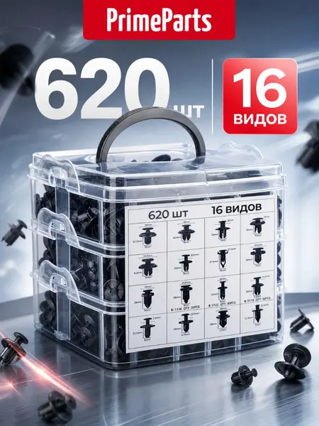 Клипсы автомобильные набор 620 штук, крепежные пластиковые 16 видов, пистоны