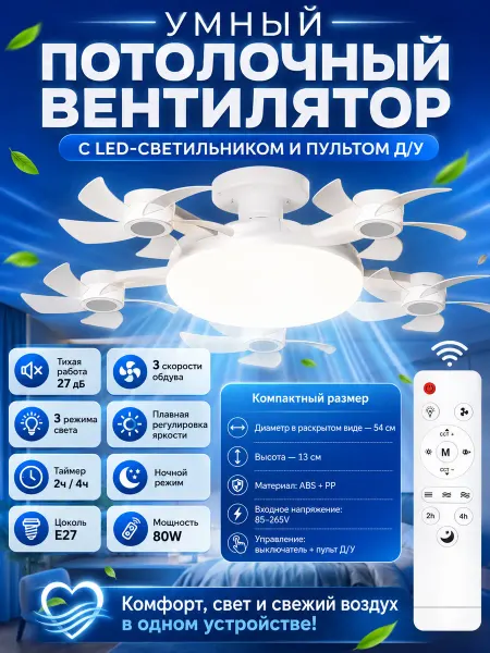 Люстра потолочная Вентиляторная светодиодная Спальня 80W