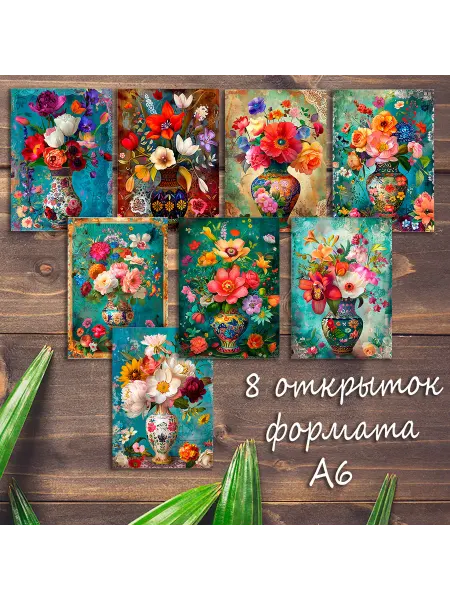 Без бренда Большой набор открыток Яркие букеты, 8 штук