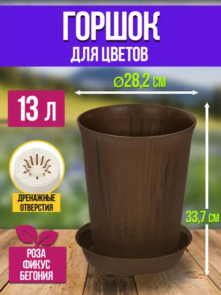 Richell Горшок для цветов с поддоном пластиковый 13 л Д28,4х33,7 см