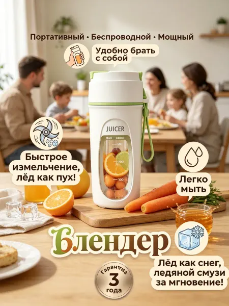 Блендер беспроводной с чашей, лёгкая очистка, для фруктов