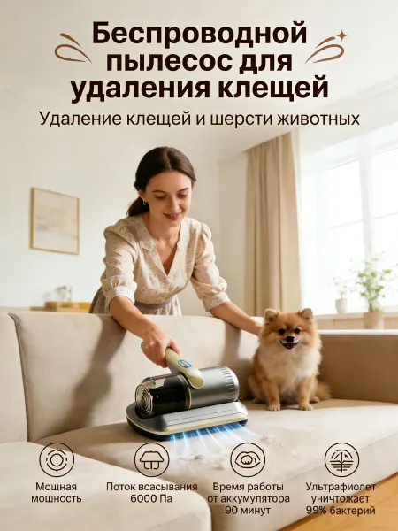 Пылесос для мебели от клещей и шерсти ручной портативный