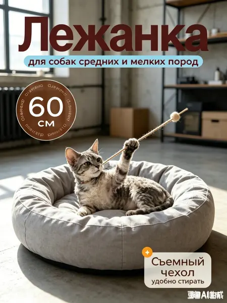 Круглая меховая лежанка для кошек и собак мелких пород