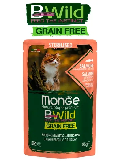 Bwild для стерилизованных кошек, с лососью с креветками и овощами, пауч, 85 г по 4 штуки
