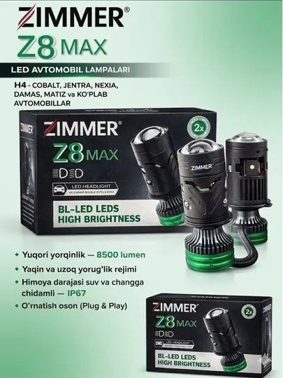 Светодиодные Bi-LED линзованные лампы для авто Zimmer Z8 Max, H4, 8500 Lm, 2 шт
