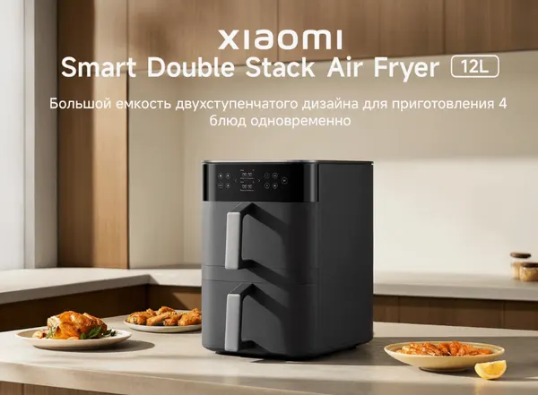 Аэрогриль Xiaomi с двумя чашами электрический Smart Double Stack Air Fryer, 12л, MAF-DS1201, 2800Вт, черный