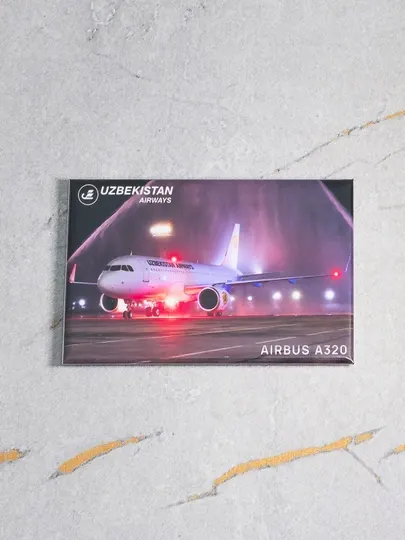 Фото магнит авиасувенир, фото самолёта Airbus A320 Uzbekistan Airways, размер 8x5 см