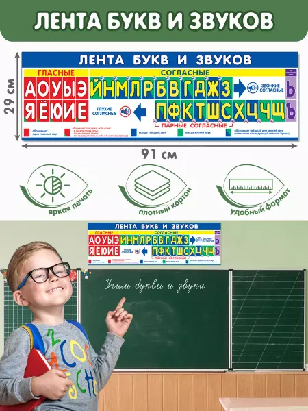 Мир открыток Плакат ЛЕНТА БУКВ И ЗВУКОВ наглядное пособие для детей