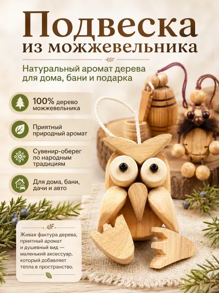 Веллери Деревянный оберег талисман для дома или бани Сова 9 см