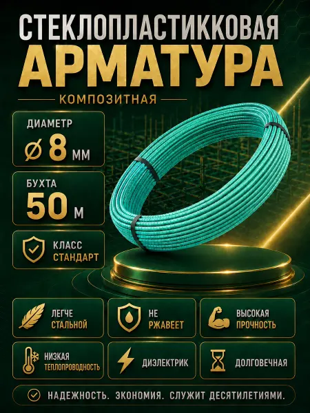 Арматура стеклопластиковая композитная 8 мм. бухта 50м